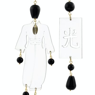 Eleganter Schmuck perfekt für jeden Anlass. Kimono-Ohrringe für Damen Großes transparentes Plexiglas und schwarze Steine Made in Italy