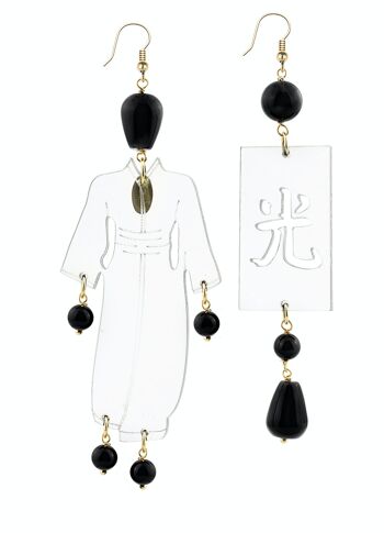 Bijoux élégants parfaits pour toutes les occasions. Boucles d'Oreilles Kimono Femme Grand Plexiglas Transparent et Pierres Noires Fabriqué en Italie