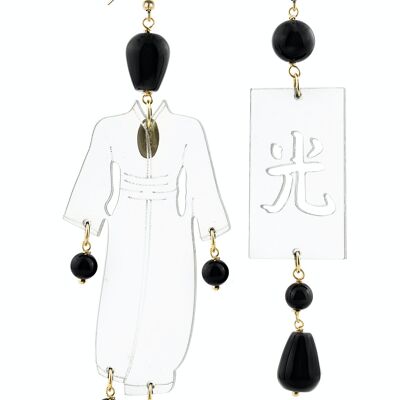 Bijoux élégants parfaits pour toutes les occasions. Boucles d'Oreilles Kimono Femme Grand Plexiglas Transparent et Pierres Noires Fabriqué en Italie