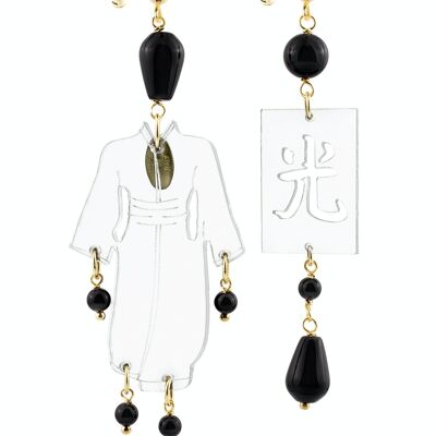 Joyas elegantes perfectas para cualquier ocasión. Pendientes Mujer Kimono Pequeño Plexiglás Transparente y Piedras Negras Made in Italy