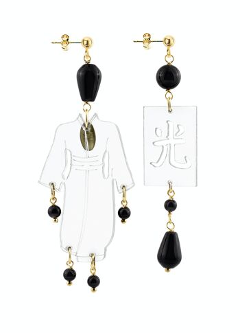 Bijoux élégants parfaits pour toutes les occasions. Boucles d'Oreilles Femme Petit Kimono Plexiglas Transparent et Pierres Noires Fabriqué en Italie