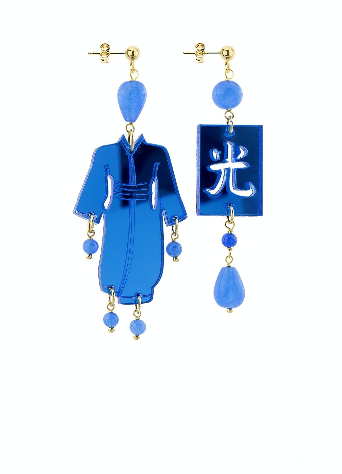 Farbiger Plexiglasschmuck ideal für den Sommer. Damenohrringe Kimono Small Blue Mirror Plexiglas und Seide. Hergestellt in Italien
