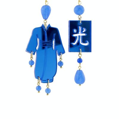 Bijoux en plexiglas coloré idéal pour l'été. Boucles d'Oreilles Femme Kimono Petit Miroir Bleu Plexiglas et Soie. Fabriqué en Italie