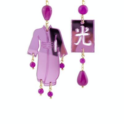 Joyas de plexiglás de colores ideales para el verano. Pendientes Mujer Kimono Pequeño Fucsia Espejo Plexiglás y Seda. Hecho en Italia