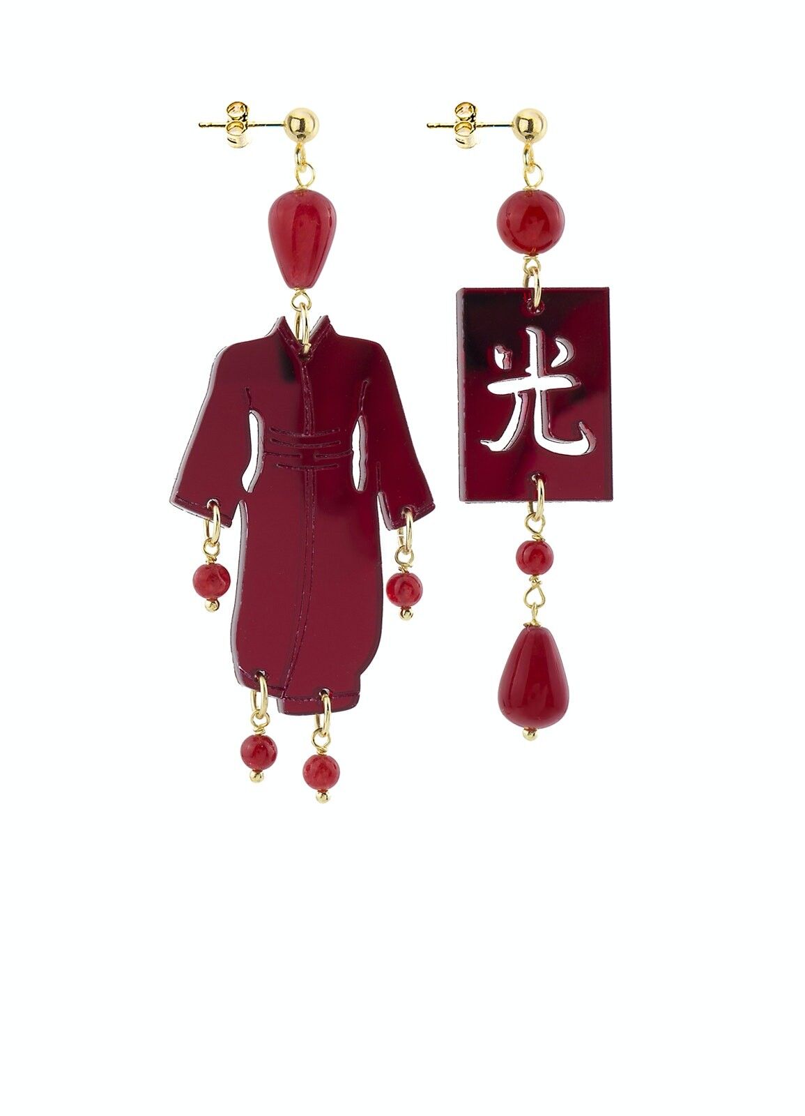 Farbiger Plexiglasschmuck ideal für den Sommer. Damenohrringe Kimono Small Red Mirror Plexiglas und Seide. Hergestellt in Italien