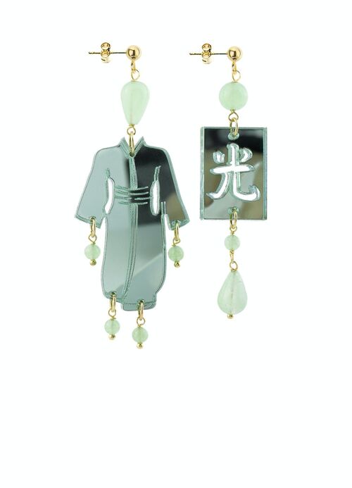 Gioielli in plexiglas colorato ideali per l'estate. Orecchini Donna Kimono Piccolo Plexiglas Specchio Verde Giada e Seta. Made in Italy