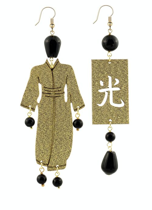 Gioielli perfetti per risplendere nelle tue occasioni speciali. Orecchini Donna Kimono Grande Seta Oro e Pietre Nero. Made in Italy