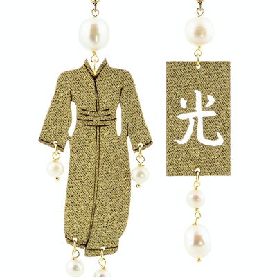 Joyas perfectas para brillar en tus ocasiones especiales. Pendientes Mujer Kimono Grandes Seda Oro y Perlas Piedras Made in Italy