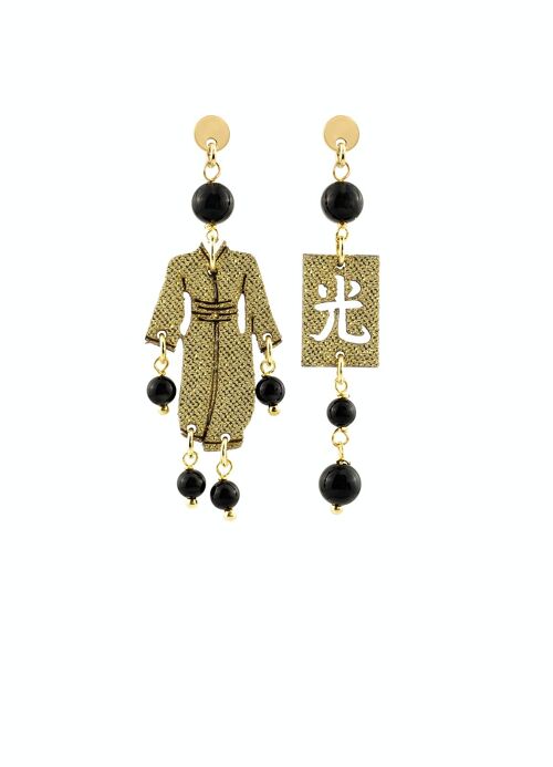 Gioielli perfetti per risplendere nelle tue occasioni speciali. Orecchini Donna Kimono Mini Seta Oro e Pietre Nero. Made in Italy