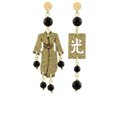 Joyas perfectas para brillar en tus ocasiones especiales. Pendientes Mujer Kimono Mini Seda Oro y Piedras Negras Made in Italy