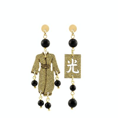Perfect jewels to shine on your special occasions. Women's Earrings Kimono Mini Silk Gold and Black Stones. Made in Italy