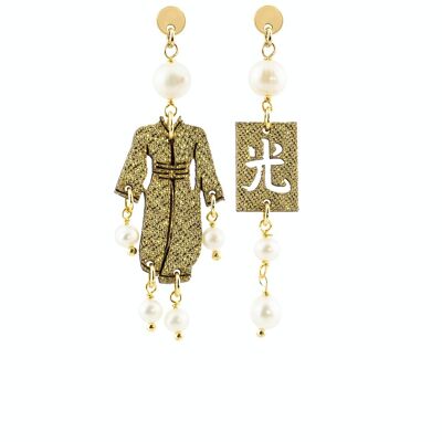 Joyas perfectas para brillar en tus ocasiones especiales. Pendientes Mujer Kimono Mini Seda Oro y Perlas Piedras Made in Italy