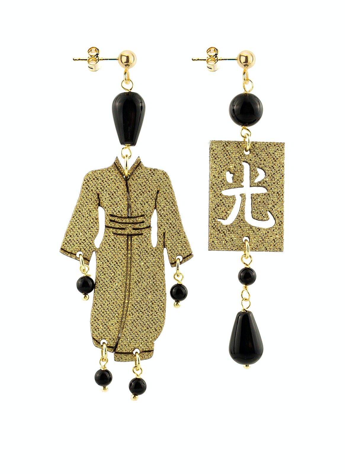 Gioielli perfetti per risplendere nelle tue occasioni speciali. Orecchini Donna Kimono Piccolo Seta Oro e Pietre Nero. Made in Italy