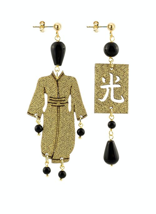 Gioielli perfetti per risplendere nelle tue occasioni speciali. Orecchini Donna Kimono Piccolo Seta Oro e Pietre Nero. Made in Italy