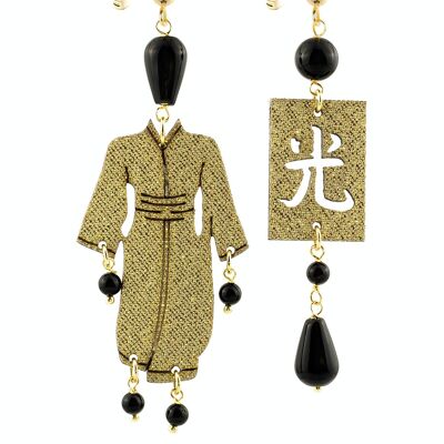 Joyas perfectas para brillar en tus ocasiones especiales. Pendientes Mujer Kimono Pequeños Seda Dorada y Piedras Negras Made in Italy