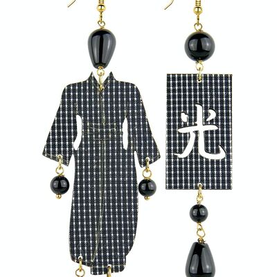 Joyas elegantes perfectas para cualquier ocasión. Pendientes Mujer Kimono Yukata Cuadrados Grandes Tejido y Piedras Negras Made in Italy