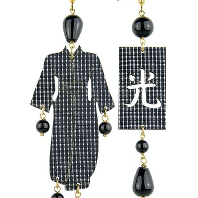 Gioielli eleganti perfetti per ogni occasione. Orecchini Donna Kimono Grande Yukata Tessuto Quadretti e Pietre Nero Made in Italy