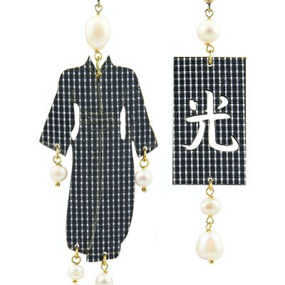 Elegant jewelry perfect for any occasion. Women's Earrings Kimono Big Yukata Squares Fabric and Pearl Stones Made in Italy