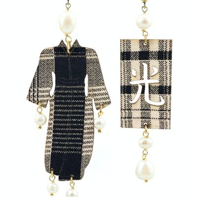 Gioielli eleganti perfetti per ogni occasione. Orecchini Donna Kimono Grande Yukata Tessuto Riga e Pietre Perla Made in Italy