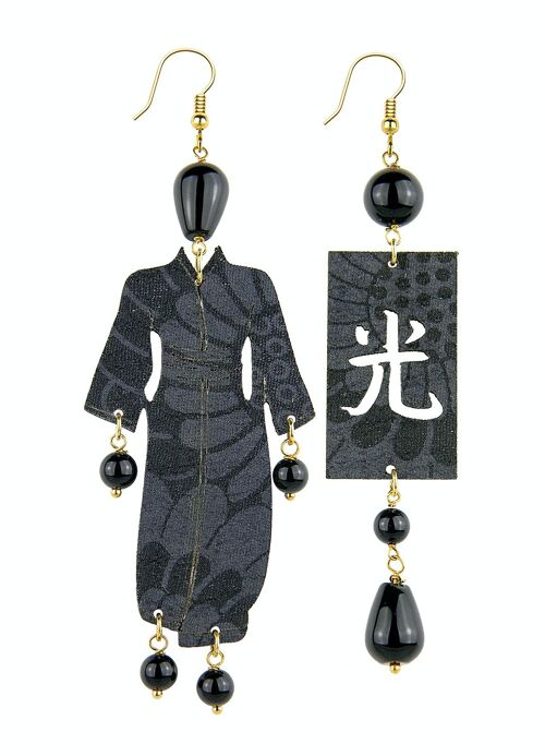 Gioielli eleganti perfetti per ogni occasione. Orecchini Donna Kimono Grande Yukata Tessuto Operato e Pietre Nero Made in Italy