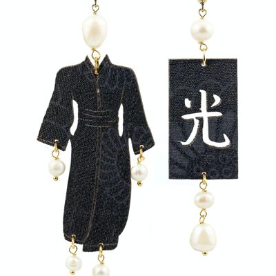 Elegant jewelry perfect for any occasion. Women's Earrings Kimono Big Yukata Textured Fabric and Pearl Stones Made in Italy