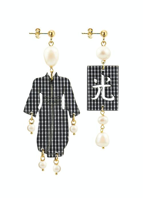 Gioielli eleganti perfetti per ogni occasione. Orecchini Donna Kimono Piccolo Yukata Tessuto Quadretti e Pietre Perla Made in Italy