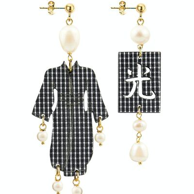 Gioielli eleganti perfetti per ogni occasione. Orecchini Donna Kimono Piccolo Yukata Tessuto Quadretti e Pietre Perla Made in Italy