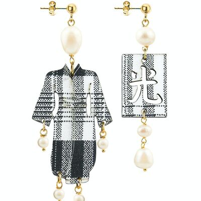 Elegant jewelry perfect for any occasion. Women's Earrings Kimono Small Yukata Striped Fabric and Pearl Stones Made in Italy