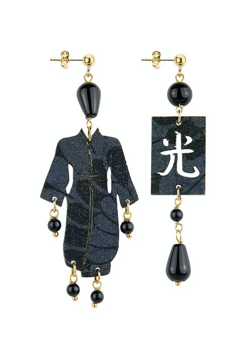 Gioielli eleganti perfetti per ogni occasione. Orecchini Donna Kimono Piccolo Yukata Tessuto Operato e Pietre Nero Made in Italy