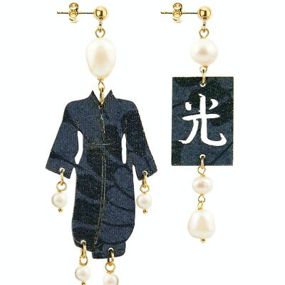 Elegant jewelry perfect for any occasion. Women's Earrings Kimono Small Yukata Textured Fabric and Pearl Stones Made in Italy