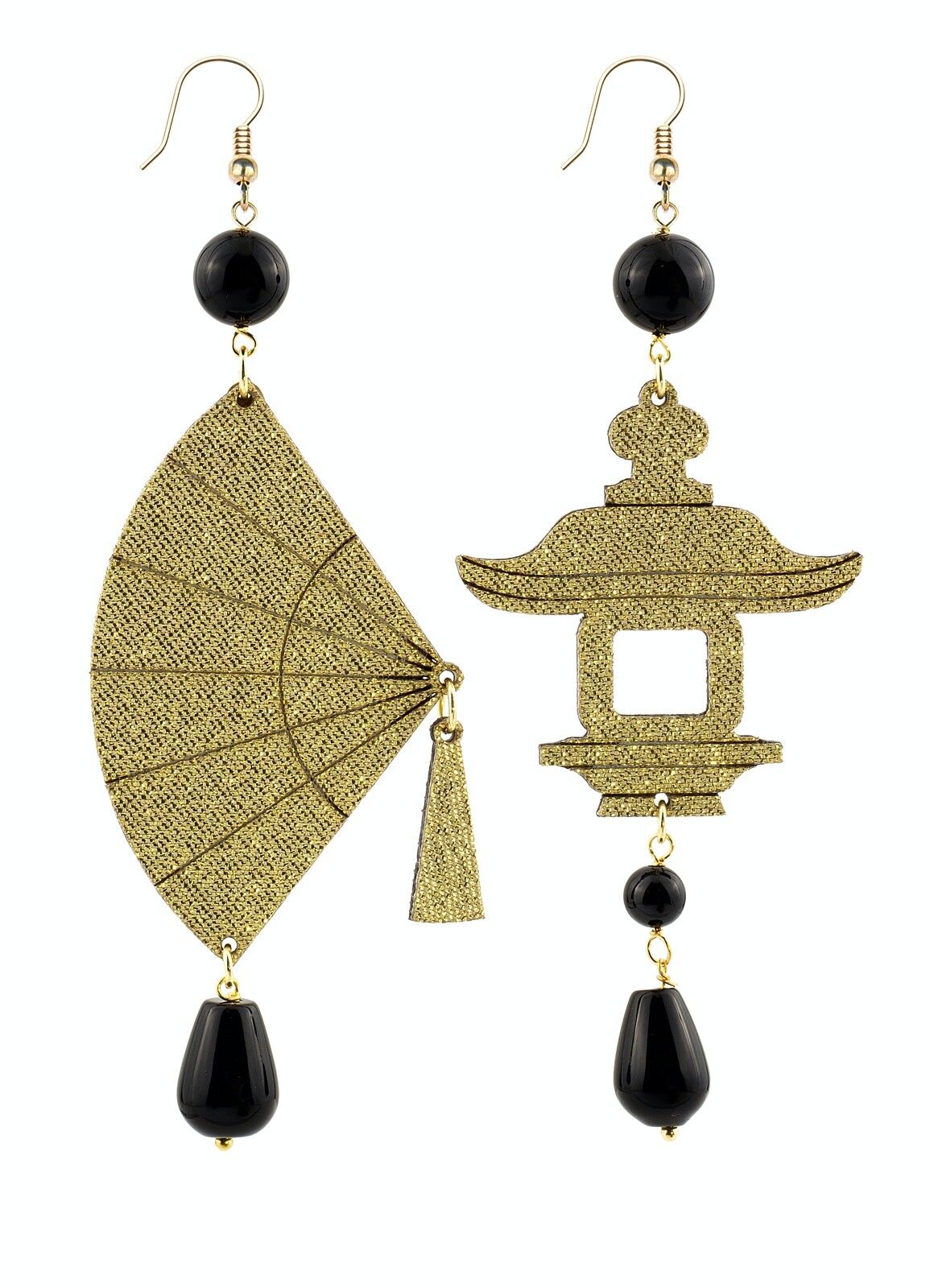 Gioielli perfetti per risplendere nelle tue occasioni speciali. Orecchini Donna Fujiyama Ventaglio Grande Seta Oro e Pietre Nero. Made in Italy