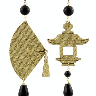 Perfekte Juwelen, um bei Ihren besonderen Anlässen zu glänzen. Fujiyama Damenohrringe Big Fan Silk Gold und schwarze Steine Hergestellt in Italien