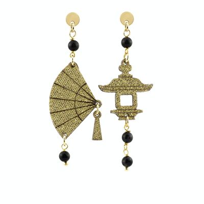 Perfect jewels to shine on your special occasions. Fujiyama Women's Earrings Fan Mini Silk Gold and Black Stones. Made in Italy