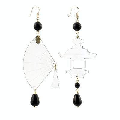 Bijoux élégants parfaits pour toutes les occasions. Boucles d'Oreilles Femme Fujiyama Big Fan Plexiglas Transparent et Pierres Noires Fabriqué en Italie