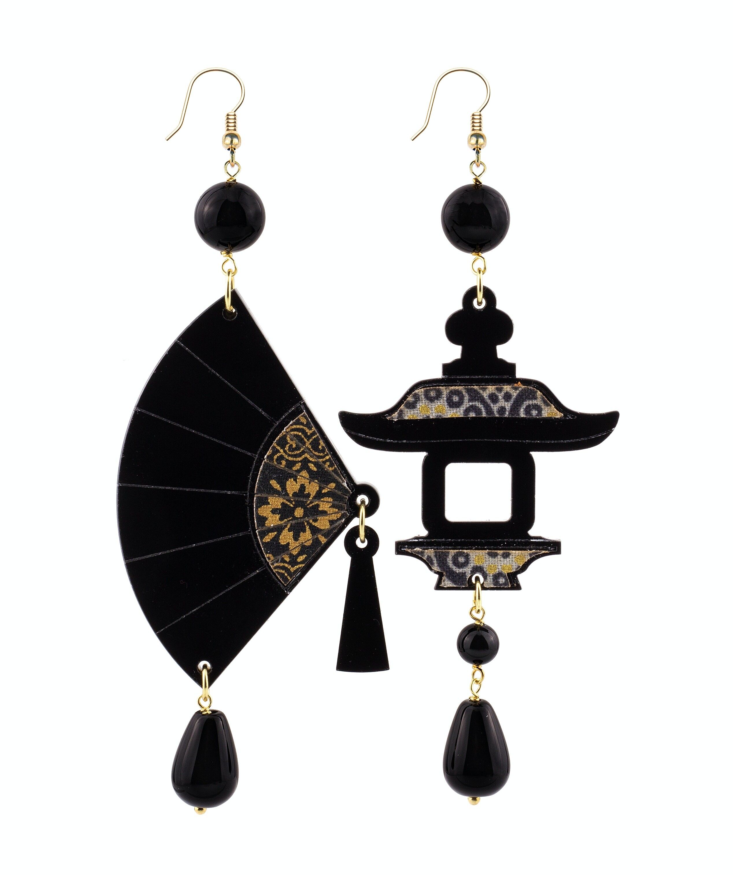 Gioielli eleganti perfetti per ogni occasione. Orecchini Donna Fujiyama Ventaglio Grande Plexiglas Nero e Pietre Nero. Made in Italy