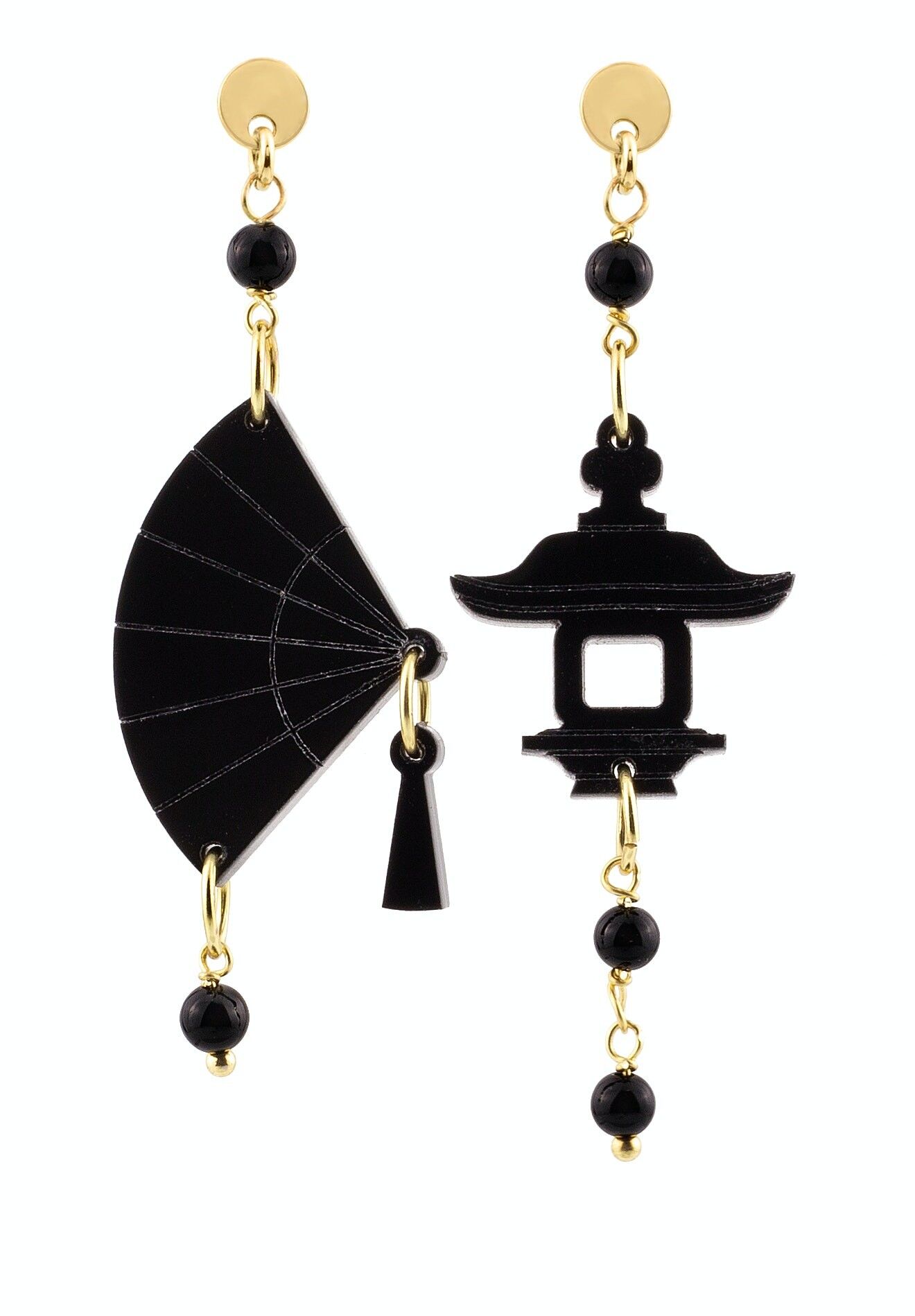 Eleganter Schmuck perfekt für jeden Anlass. Fujiyama Damenohrringe Mini Fächer aus schwarzem Plexiglas und schwarzen Steinen Hergestellt in Italien