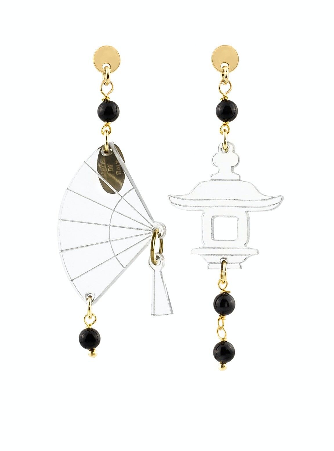 Eleganter Schmuck perfekt für jeden Anlass. Fujiyama Damenohrringe Mini Fan Transparentes Plexiglas und schwarze Steine Hergestellt in Italien