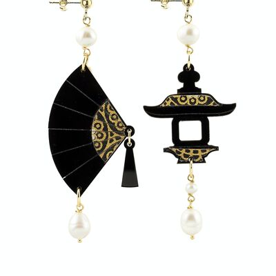 Elegant jewelry perfect for any occasion. Fujiyama Women's Earrings Small Black Plexiglas Fan and Pearl Stones. Made in Italy