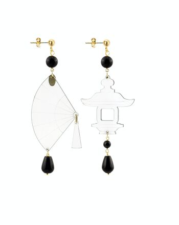 Bijoux élégants parfaits pour toutes les occasions. Boucles d'Oreilles Femme Fujiyama Petit Eventail Plexiglas Transparent et Pierres Noires Fabriqué en Italie