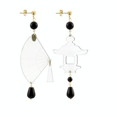 Elegant jewelry perfect for any occasion. Fujiyama Women's Earrings Small Fan Transparent Plexiglas and Black Stones. Made in Italy