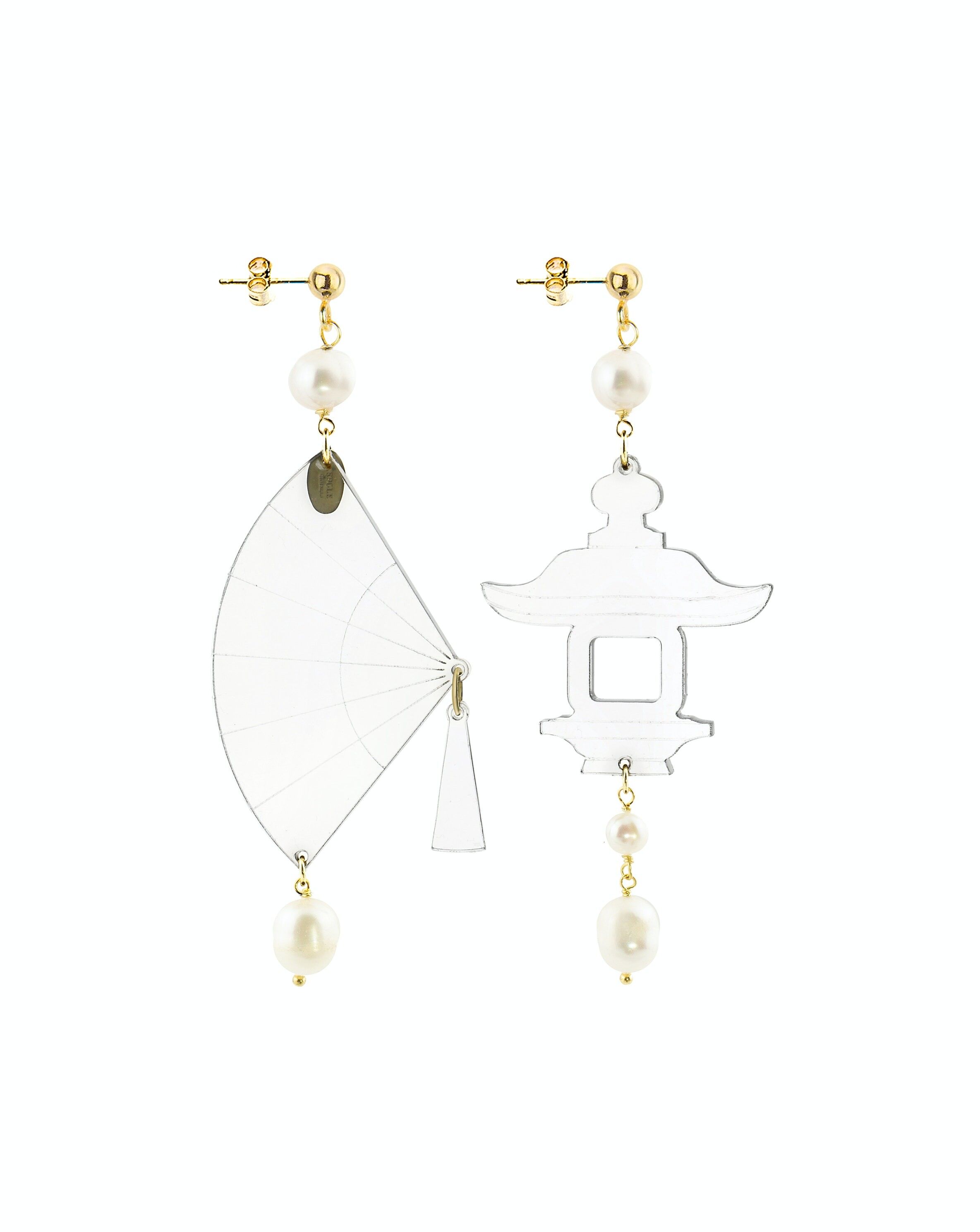 Eleganter Schmuck perfekt für jeden Anlass. Fujiyama Damenohrringe Kleiner transparenter Plexiglas-Fächer und Perlensteine. Hergestellt in Italien