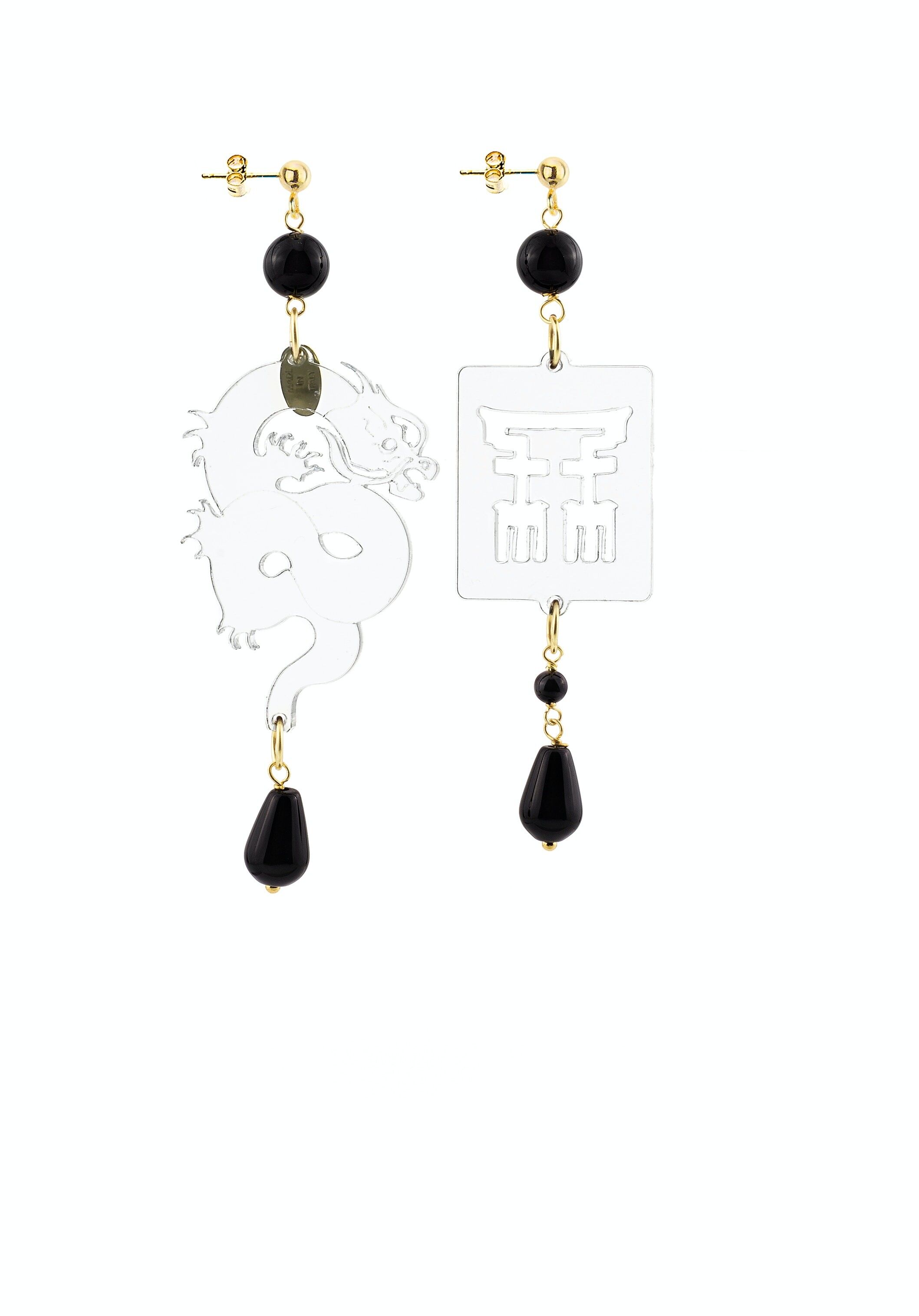 Gioielli eleganti perfetti per ogni occasione. Orecchini Donna Mito Piccolo Plexiglas Trasparente e Pietre Nero. Made in Italy