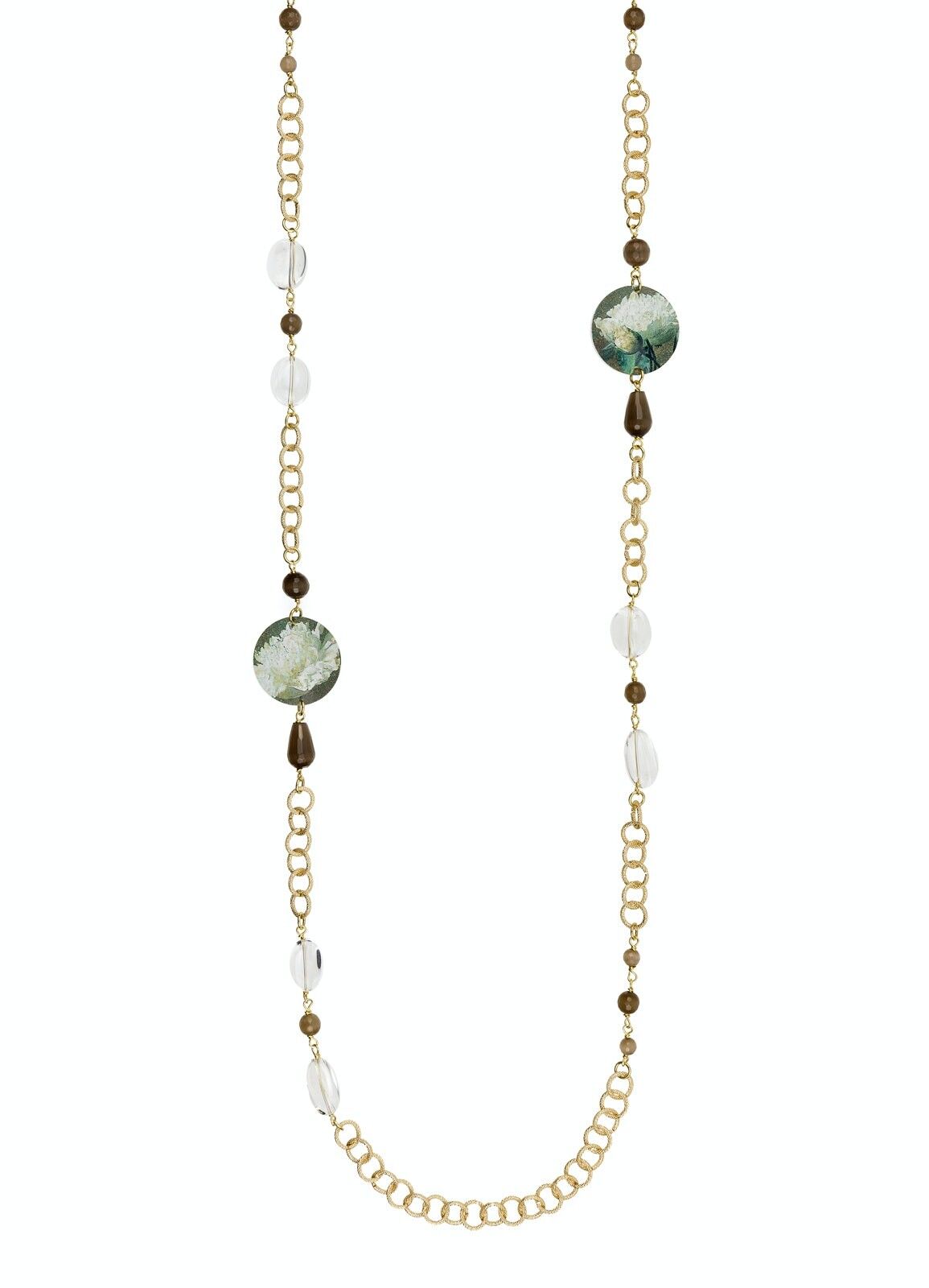 Feiern Sie den Frühling mit von Blumen inspiriertem Schmuck. The Circle Damen Lange Halskette Kleine Weiße Blume Brauner Hintergrund Made in Italy