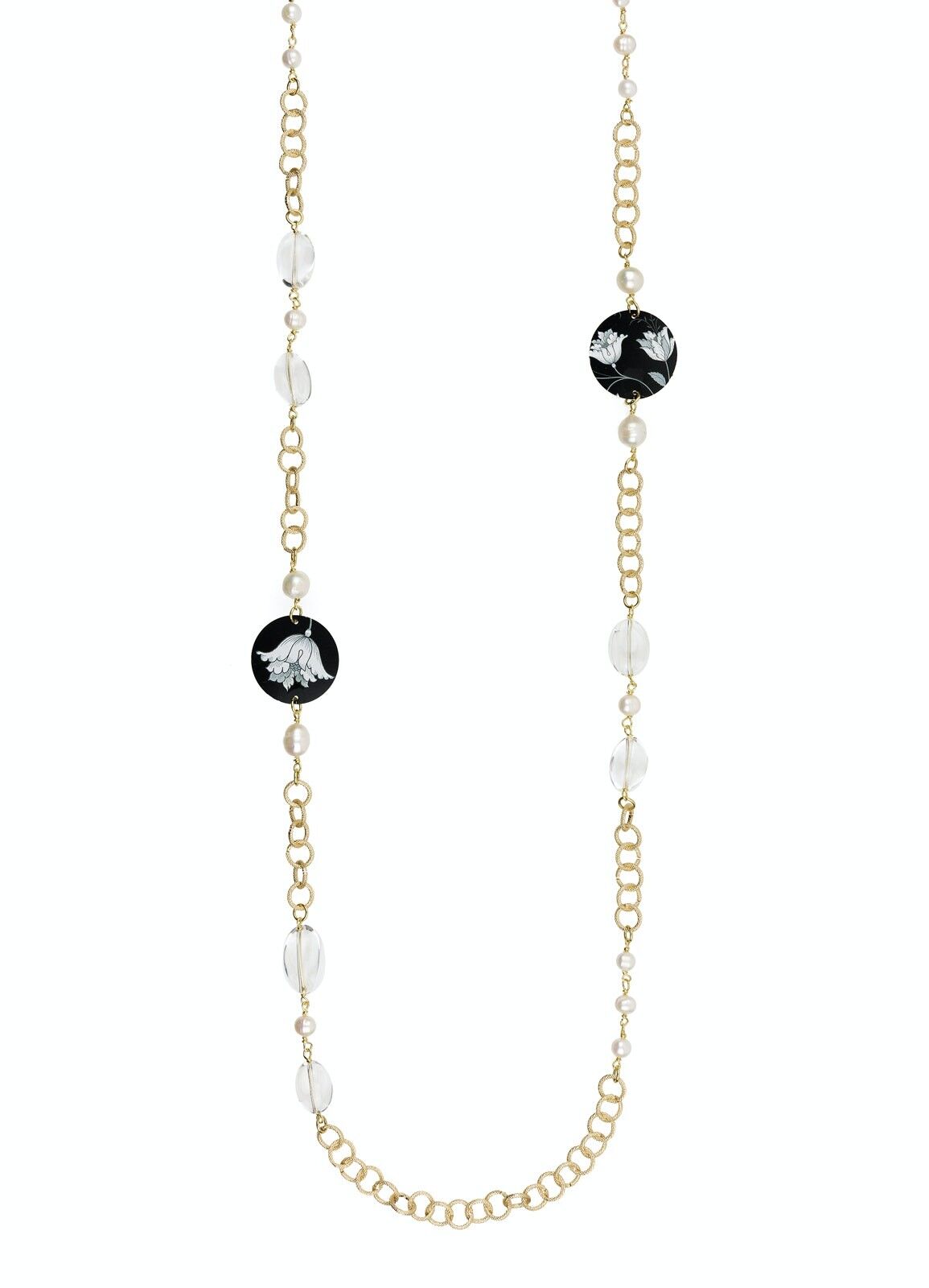 Celebra la primavera con gioielli ispirati ai fiori. Collana Lunga Donna The Circle Piccolo Fiore Bianco Fondo Nero Made in Italy
