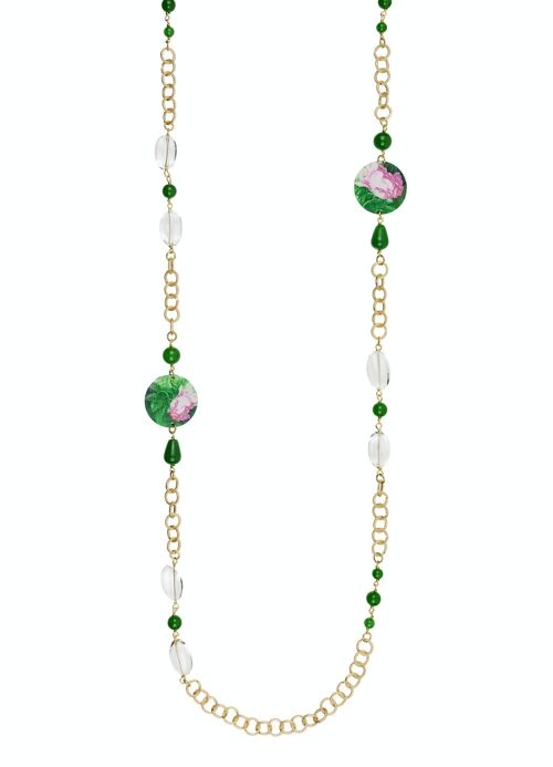 Celebra la primavera con gioielli ispirati ai fiori. Collana Lunga Donna The Circle Piccolo Fiore Rosa Fondo Verde Made in Italy