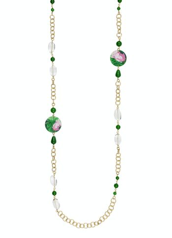 Célébrez le printemps avec des bijoux inspirés des fleurs. Sautoir Femme The Circle Petite Fleur Rose Fond Vert Fabriqué en Italie