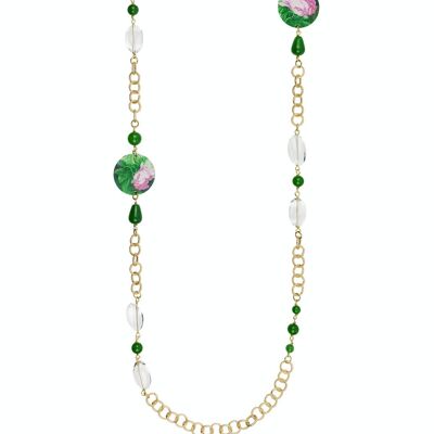 Celebrate spring with flower-inspired jewelry. The Circle Women's Long Necklace Small Pink Flower Green Background Made in Italy