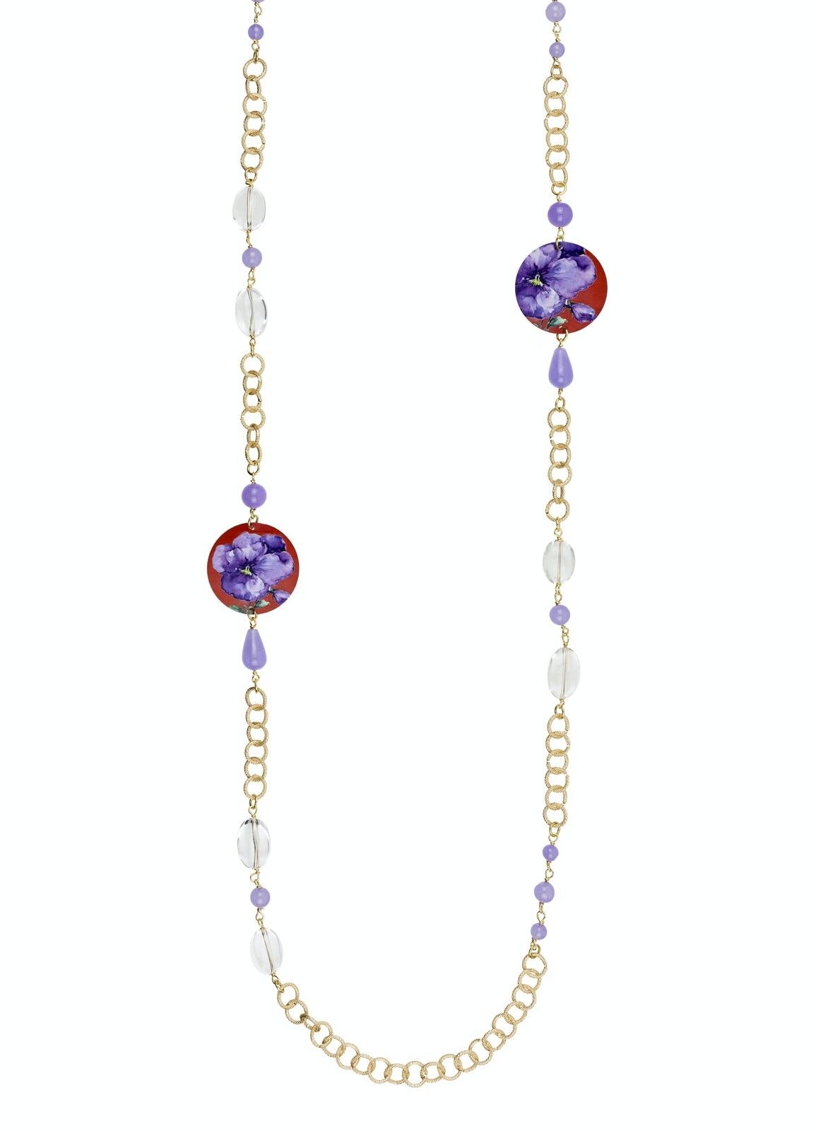 Celebra la primavera con gioielli ispirati ai fiori. Collana Lunga Donna The Circle Classico Fiore Lilla Fondo Rosso Made in Italy
