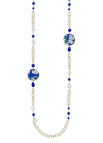 Célébrez le printemps avec des bijoux inspirés des fleurs. Sautoir Femme The Classic Circle Fleurs Blanches Fond Bleu Fabriqué en Italie