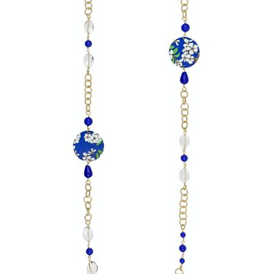Celebrate spring with flower-inspired jewelry. The Classic Circle Women's Long Necklace White Flowers Blue Background Made in Italy